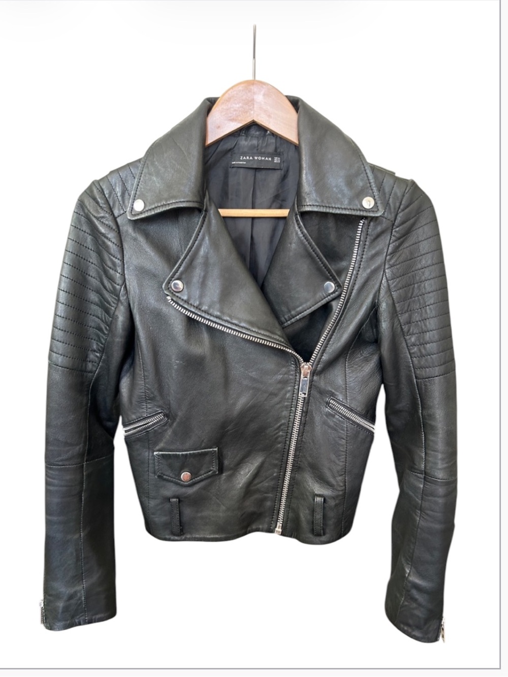 Zara Black Leather Moto Jacket Cropped Biker Style Sheep Leather XS